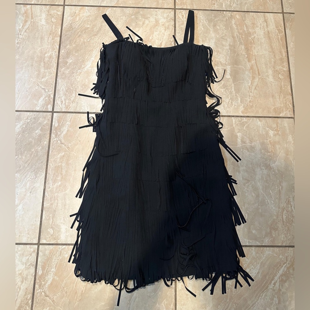 BLACK CATHERINE REGEHR ARAK DRESS WITH FRINGE HEM SIZE L